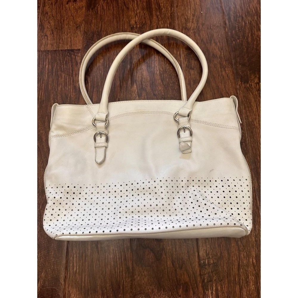 PERLINA‎ Handbag Womens Cream Light Beige Top Handle Perforated Design Chic